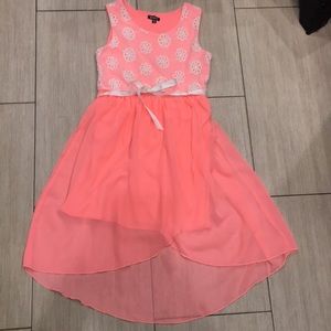 Gorgeous coral neon and white crochet dress.